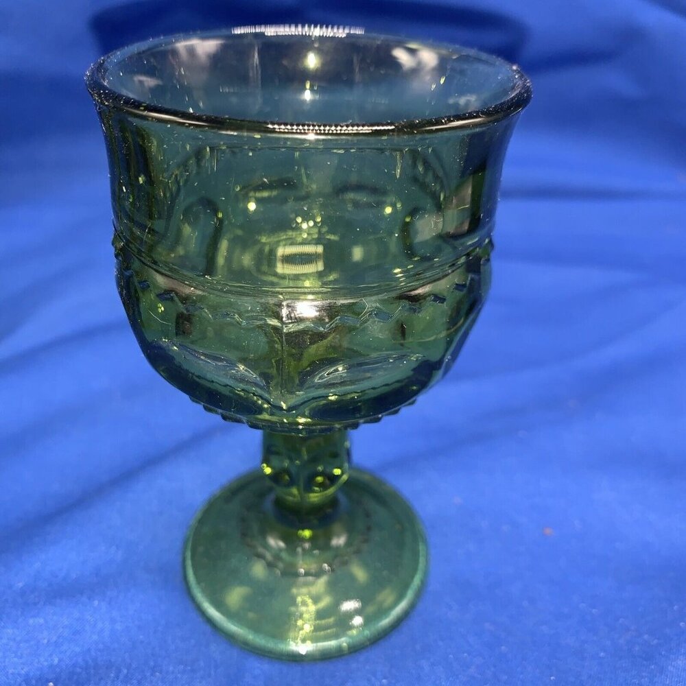 Set of 3 Vtg Green Indiana Glass Kings Crown Thumbprint Goblet Wine Cordial 4.25
